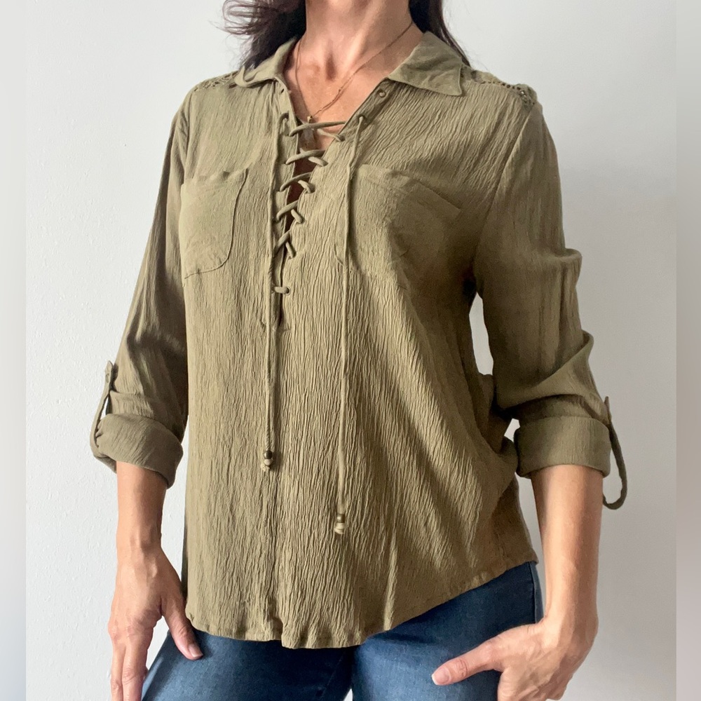 Olive Green Crochet Crinkle Lace Up Top